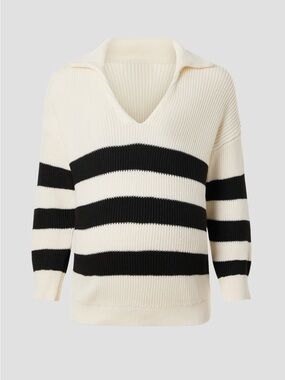 Relaxed V-Neck Striped Sweater - Cream & Black